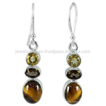 High Quality Smoky Quartz Tiger Eye Citrine Gemstone with 925 Sterling Silver Earrings